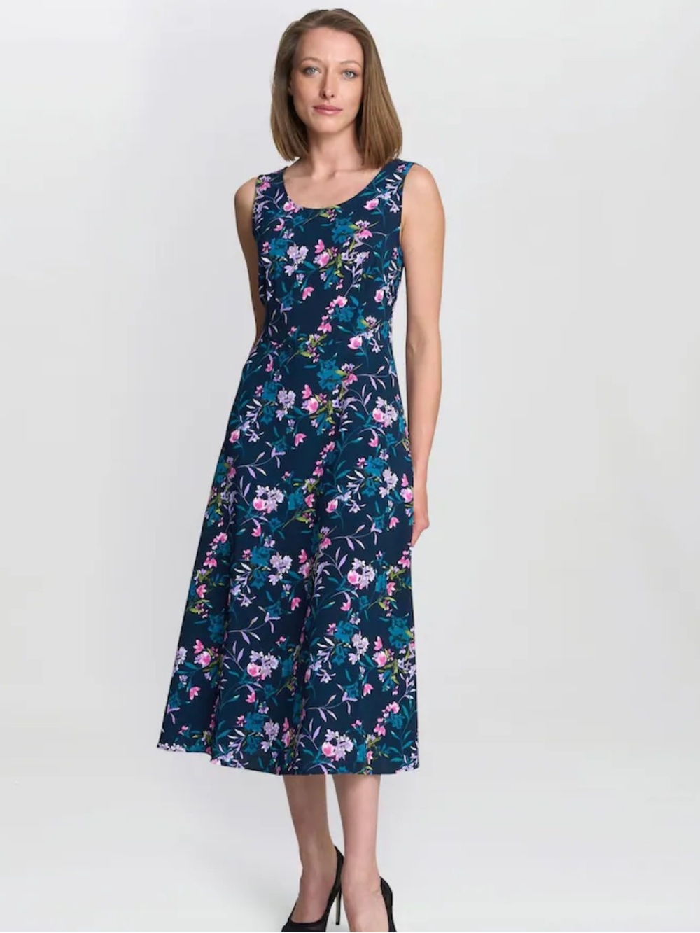 connected apparel Navy Floral Scoop Neck Midi Dress